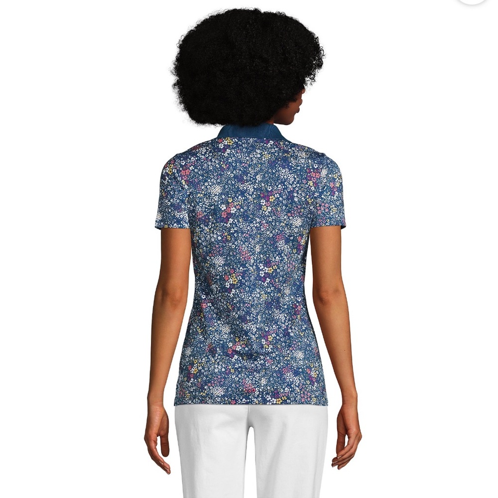 Lands' End Supima Cotton Short Sleeve Polo Shirt Baltic Teal Ditsy Floral NWT - Picture 3 of 13